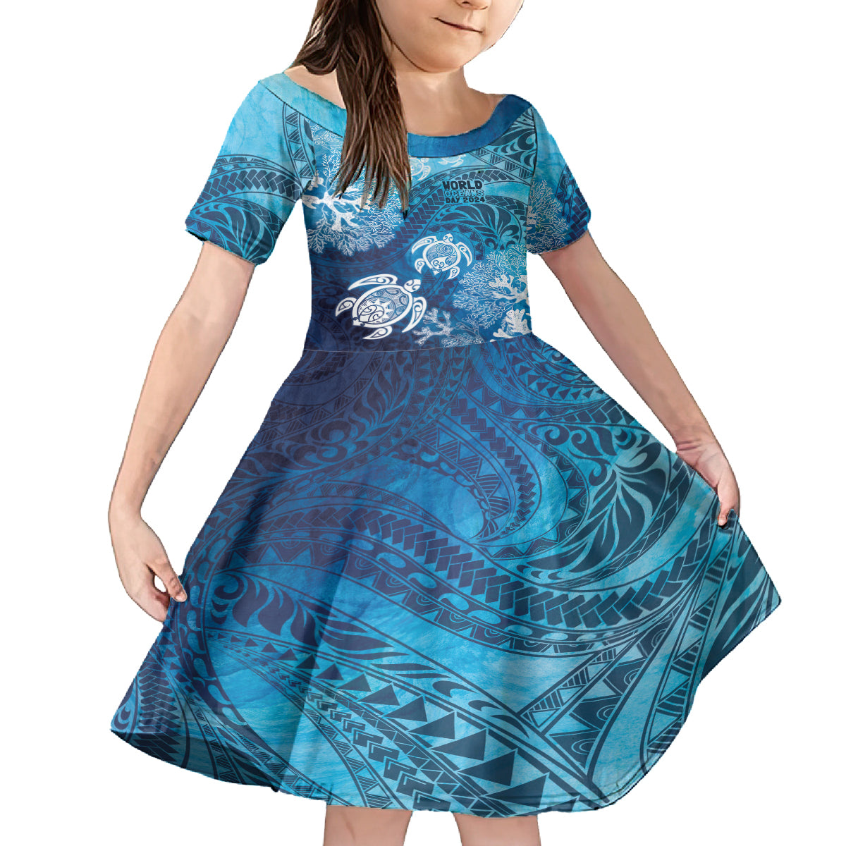 Hawaii World Ocean Day Kid Short Sleeve Dress Kakau Turtles LT7 KID Blue - Polynesian Pride