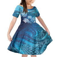 Hawaii World Ocean Day Kid Short Sleeve Dress Kakau Turtles LT7 KID Blue - Polynesian Pride