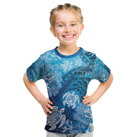 Hawaii World Ocean Day Kid T Shirt Kakau Turtles LT7 Blue - Polynesian Pride