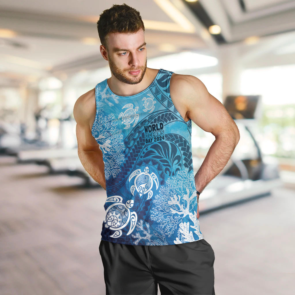 Hawaii World Ocean Day Men Tank Top Kakau Turtles LT7 Blue - Polynesian Pride