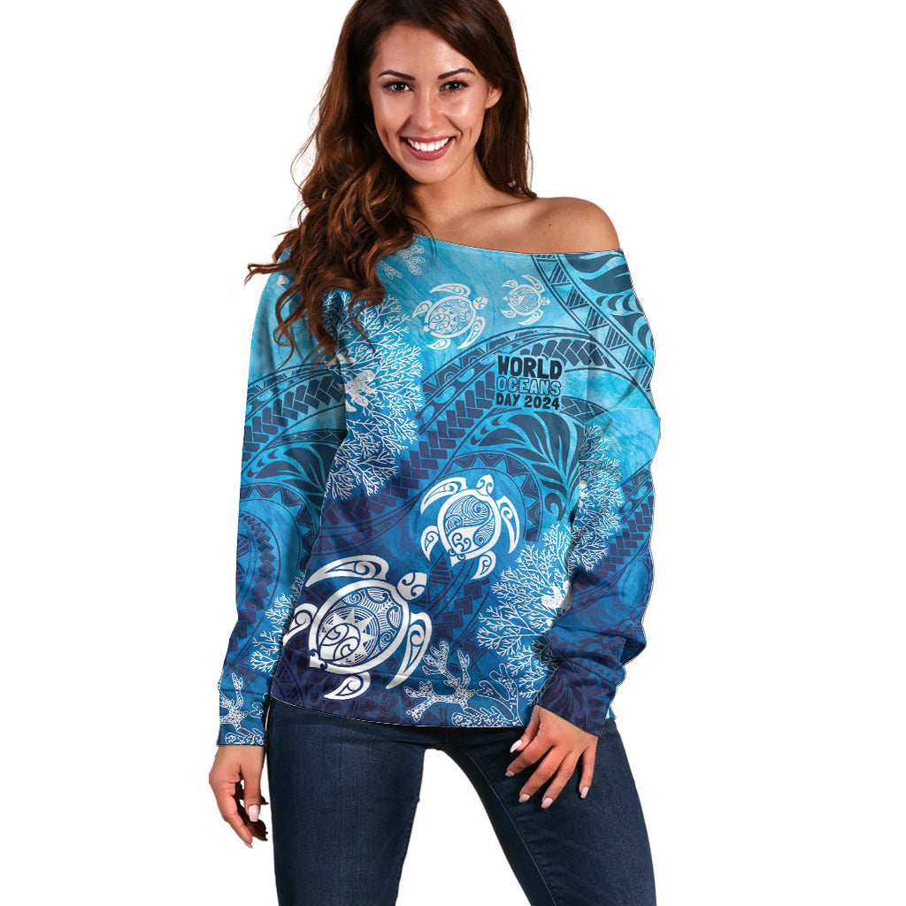 Hawaii World Ocean Day Off Shoulder Sweater Kakau Turtles LT7 Women Blue - Polynesian Pride