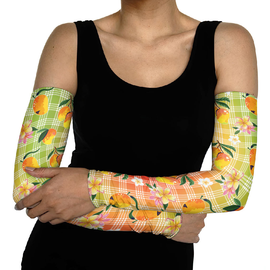Aloha Hawaii Palaka Print Mango Plumeria Arm Sleeves Tropical Vibes LT7 - Polynesian Pride