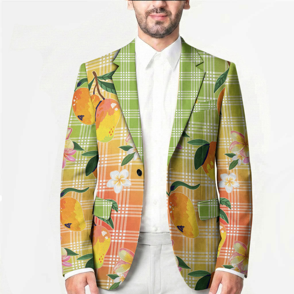 Aloha Hawaii Palaka Print Mango Plumeria Blazer Tropical Vibes LT7 - Polynesian Pride
