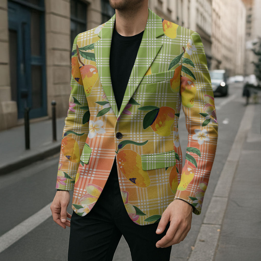 Aloha Hawaii Palaka Print Mango Plumeria Blazer Tropical Vibes LT7 - Polynesian Pride