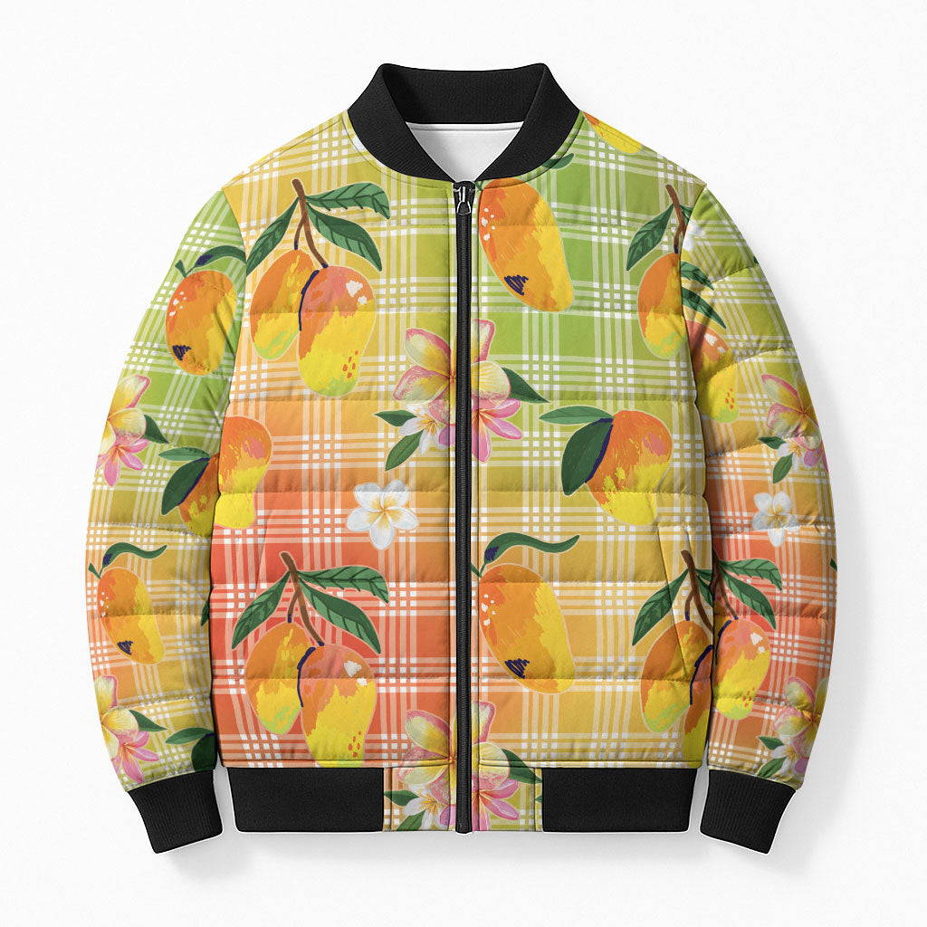 Aloha Hawaii Palaka Print Mango Plumeria Bomber Puffer Jacket Tropical Vibes LT7 Unisex Multicolor - Polynesian Pride