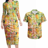 Aloha Hawaii Palaka Print Mango Plumeria Couples Matching Long Sleeve Bodycon Dress and Hawaiian Shirt Tropical Vibes LT7 Multicolor - Polynesian Pride