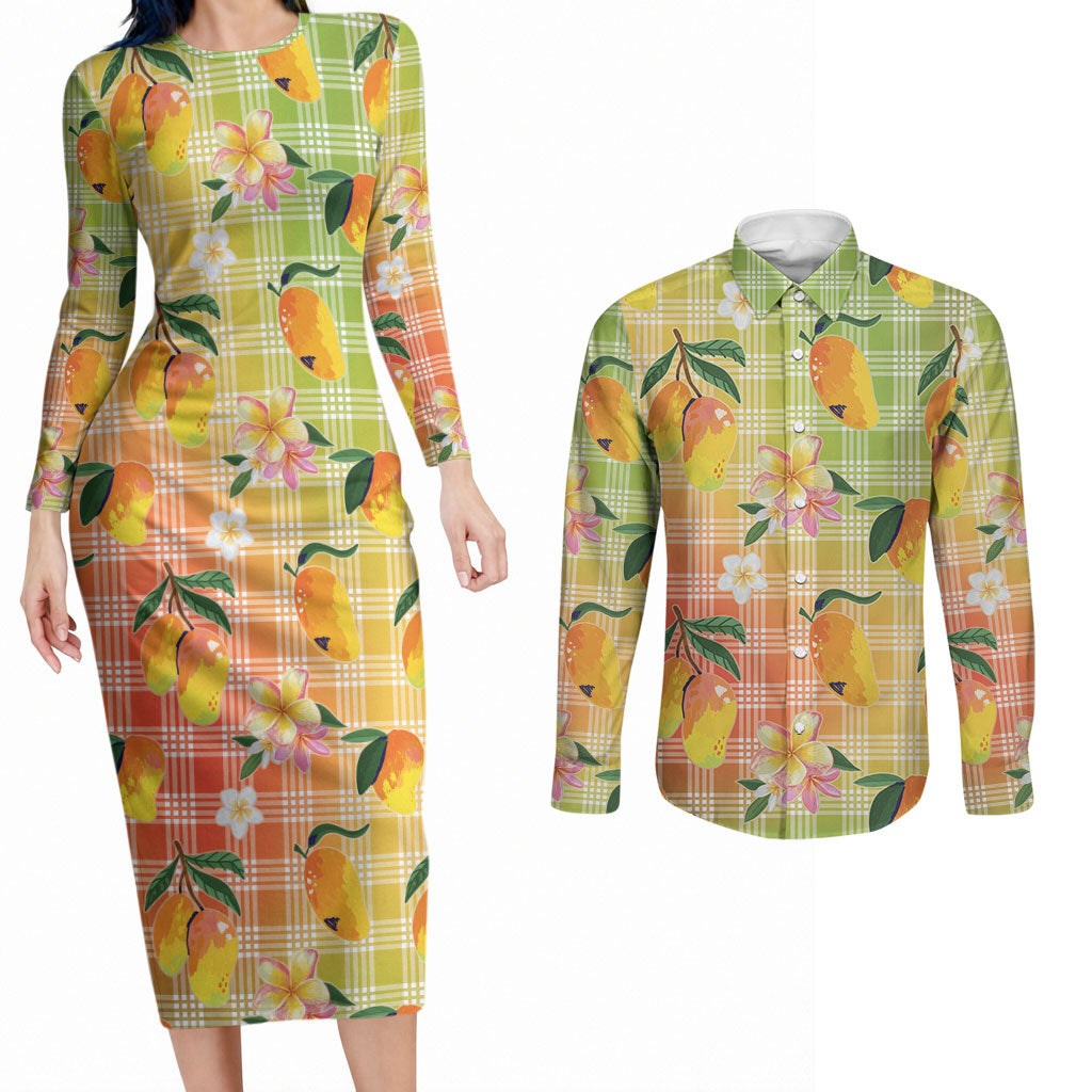 Aloha Hawaii Palaka Print Mango Plumeria Couples Matching Long Sleeve Bodycon Dress and Long Sleeve Button Shirt Tropical Vibes LT7 Multicolor - Polynesian Pride