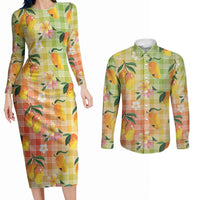 Aloha Hawaii Palaka Print Mango Plumeria Couples Matching Long Sleeve Bodycon Dress and Long Sleeve Button Shirt Tropical Vibes LT7 Multicolor - Polynesian Pride