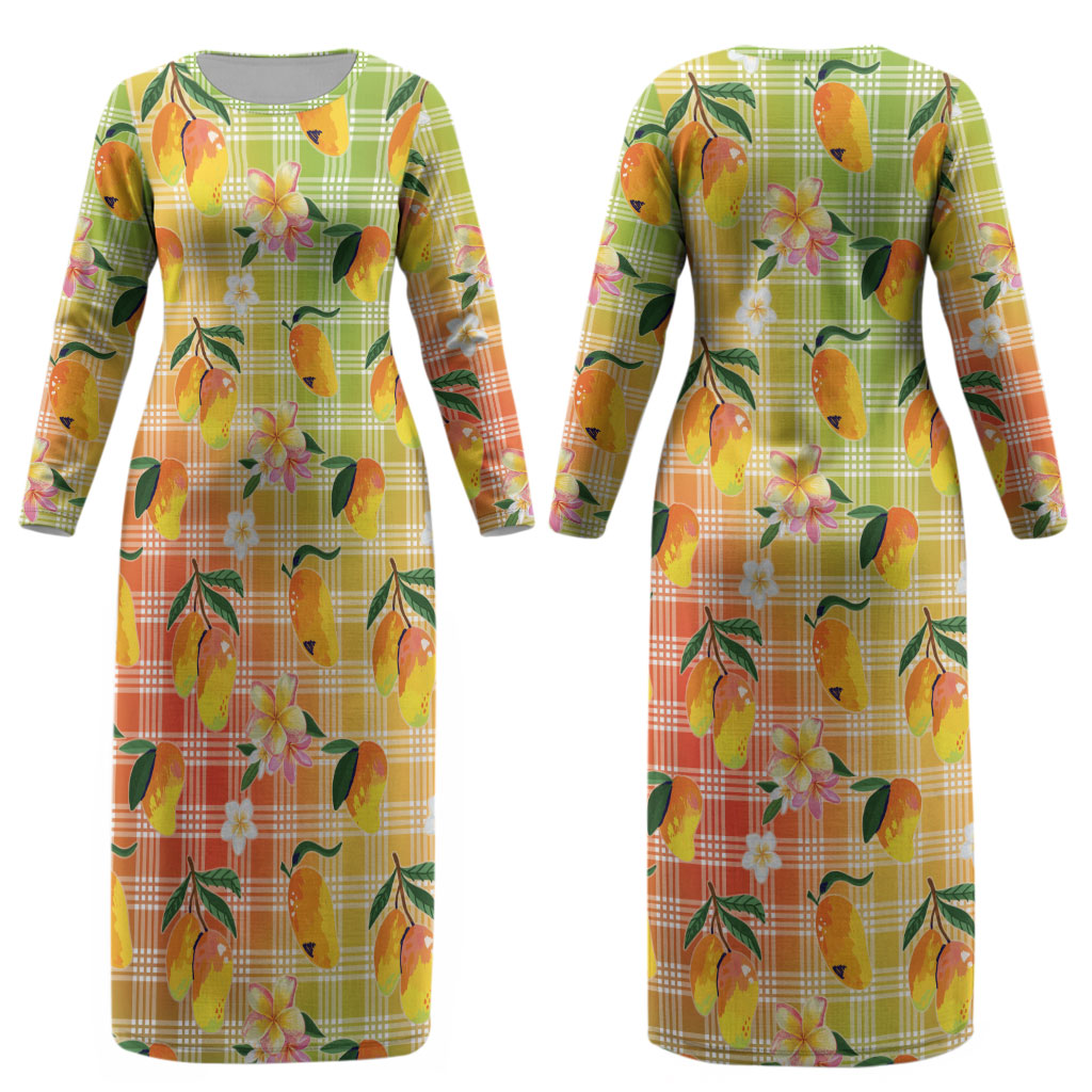 Aloha Hawaii Palaka Print Mango Plumeria Couples Matching Long Sleeve Bodycon Dress and Long Sleeve Button Shirt Tropical Vibes LT7 - Polynesian Pride