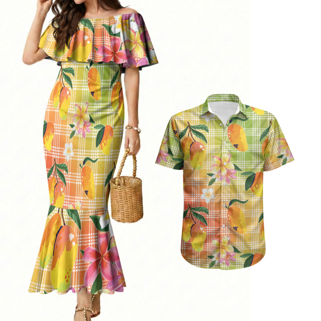 Aloha Hawaii Palaka Print Mango Plumeria Couples Matching Mermaid Dress and Hawaiian Shirt Tropical Vibes LT7 Multicolor - Polynesian Pride