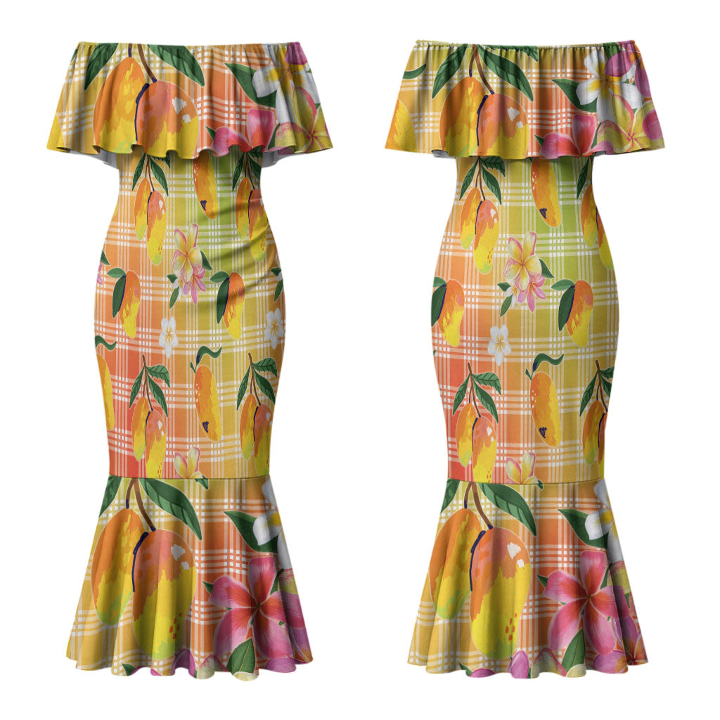 Aloha Hawaii Palaka Print Mango Plumeria Couples Matching Mermaid Dress and Hawaiian Shirt Tropical Vibes LT7 - Polynesian Pride