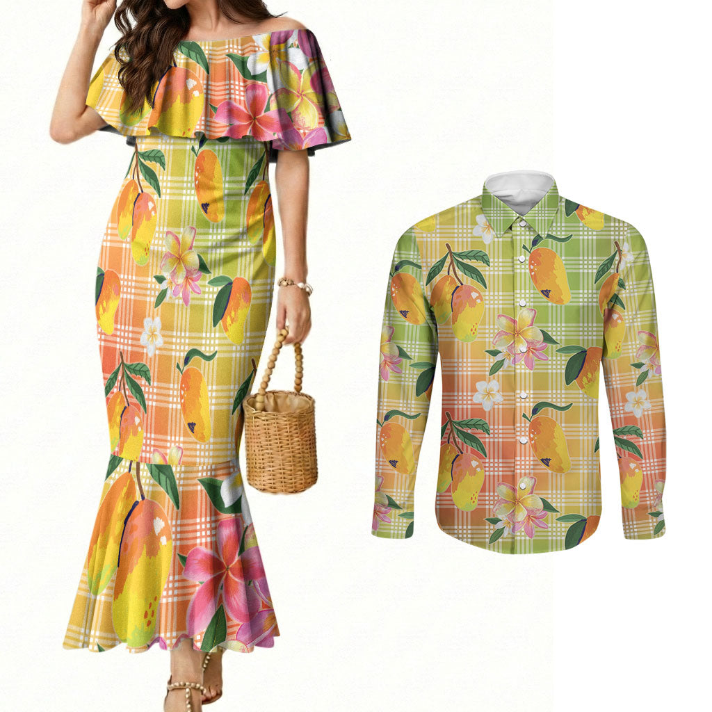 Aloha Hawaii Palaka Print Mango Plumeria Couples Matching Mermaid Dress and Long Sleeve Button Shirt Tropical Vibes LT7 Multicolor - Polynesian Pride