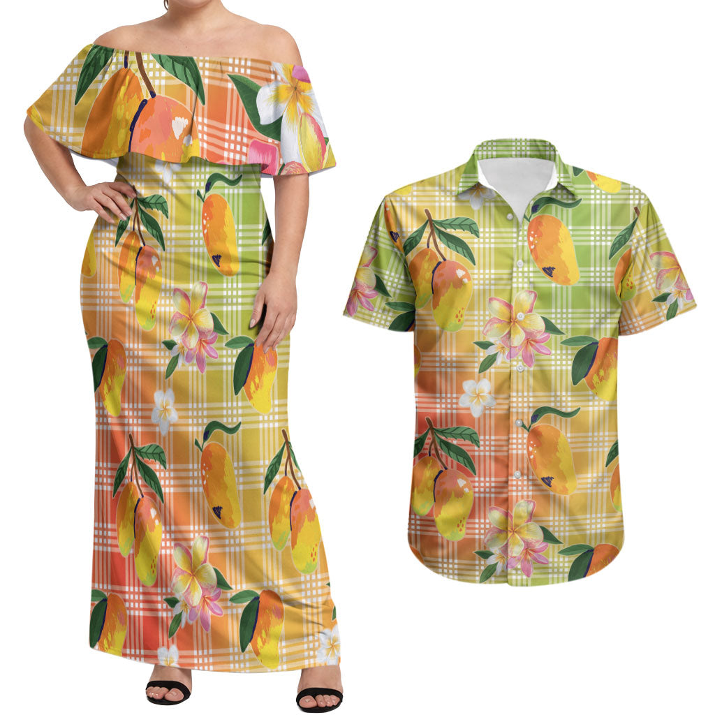 Aloha Hawaii Palaka Print Mango Plumeria Couples Matching Off Shoulder Maxi Dress and Hawaiian Shirt Tropical Vibes LT7 Multicolor - Polynesian Pride