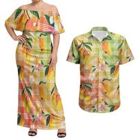 Aloha Hawaii Palaka Print Mango Plumeria Couples Matching Off Shoulder Maxi Dress and Hawaiian Shirt Tropical Vibes LT7 Multicolor - Polynesian Pride