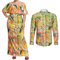 Aloha Hawaii Palaka Print Mango Plumeria Couples Matching Off Shoulder Maxi Dress and Long Sleeve Button Shirt Tropical Vibes LT7 Multicolor - Polynesian Pride