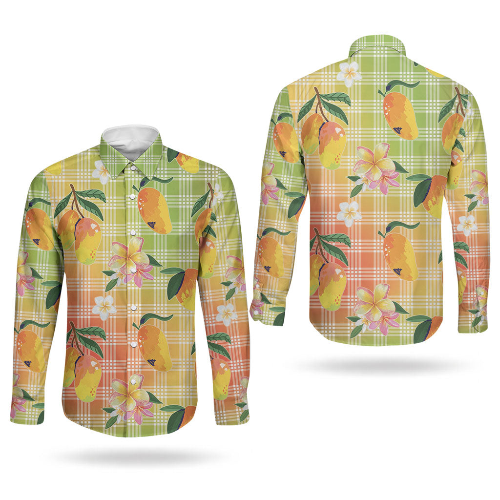 Aloha Hawaii Palaka Print Mango Plumeria Couples Matching Off Shoulder Maxi Dress and Long Sleeve Button Shirt Tropical Vibes LT7 - Polynesian Pride