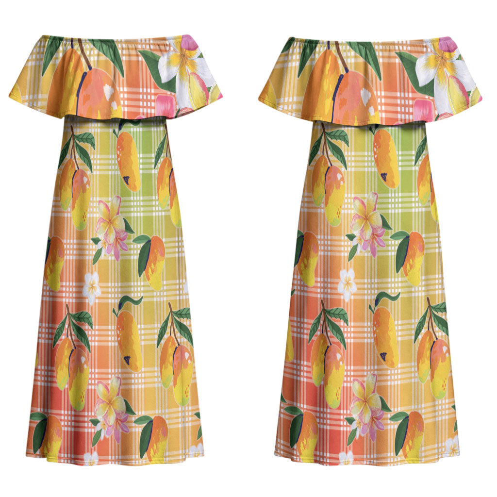 Aloha Hawaii Palaka Print Mango Plumeria Couples Matching Off Shoulder Maxi Dress and Long Sleeve Button Shirt Tropical Vibes LT7 - Polynesian Pride