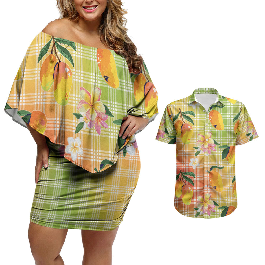 Aloha Hawaii Palaka Print Mango Plumeria Couples Matching Off Shoulder Short Dress and Hawaiian Shirt Tropical Vibes LT7 Multicolor - Polynesian Pride