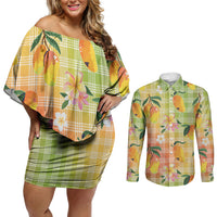 Aloha Hawaii Palaka Print Mango Plumeria Couples Matching Off Shoulder Short Dress and Long Sleeve Button Shirt Tropical Vibes LT7 Multicolor - Polynesian Pride