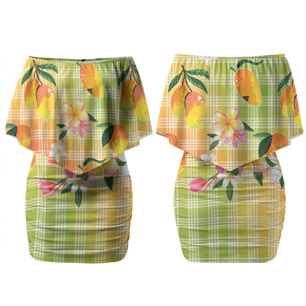 Aloha Hawaii Palaka Print Mango Plumeria Couples Matching Off Shoulder Short Dress and Long Sleeve Button Shirt Tropical Vibes LT7 - Polynesian Pride