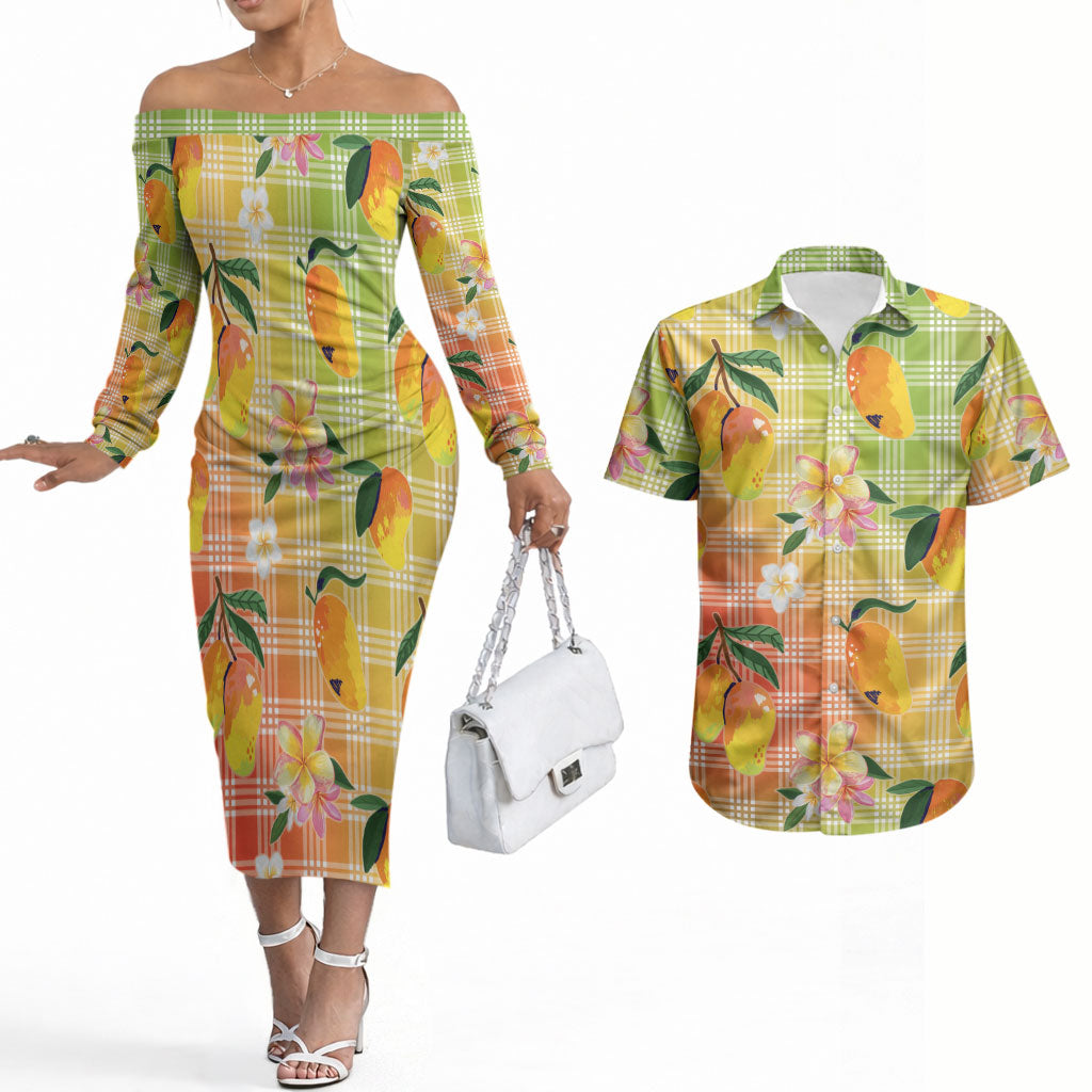 Aloha Hawaii Palaka Print Mango Plumeria Couples Matching Off The Shoulder Long Sleeve Dress and Hawaiian Shirt Tropical Vibes LT7 Multicolor - Polynesian Pride