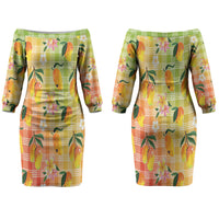 Aloha Hawaii Palaka Print Mango Plumeria Couples Matching Off The Shoulder Long Sleeve Dress and Hawaiian Shirt Tropical Vibes LT7 - Polynesian Pride