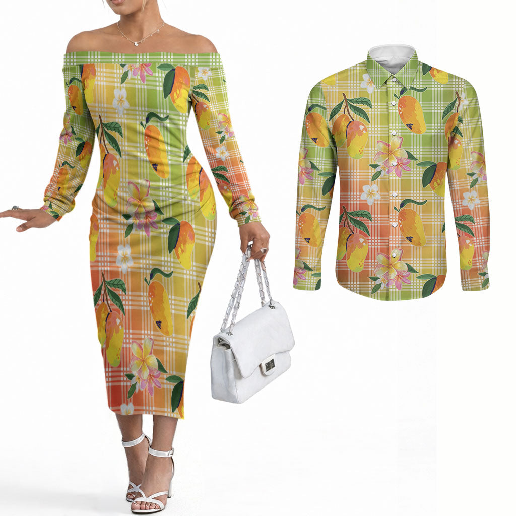 Aloha Hawaii Palaka Print Mango Plumeria Couples Matching Off The Shoulder Long Sleeve Dress and Long Sleeve Button Shirt Tropical Vibes LT7 Multicolor - Polynesian Pride