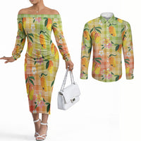 Aloha Hawaii Palaka Print Mango Plumeria Couples Matching Off The Shoulder Long Sleeve Dress and Long Sleeve Button Shirt Tropical Vibes LT7 Multicolor - Polynesian Pride
