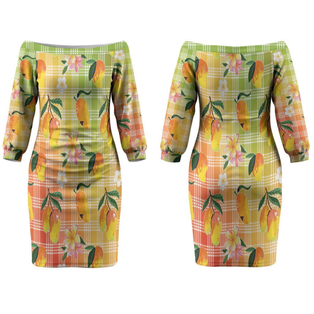 Aloha Hawaii Palaka Print Mango Plumeria Couples Matching Off The Shoulder Long Sleeve Dress and Long Sleeve Button Shirt Tropical Vibes LT7 - Polynesian Pride