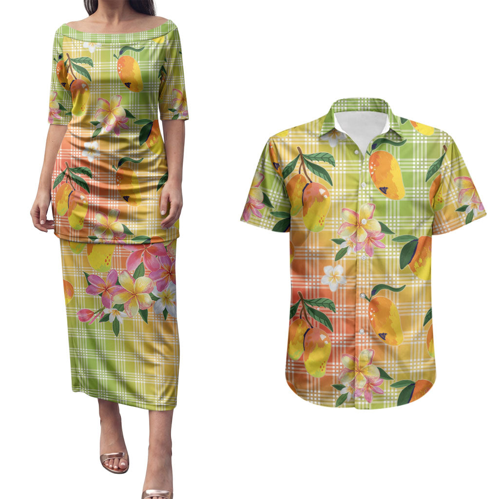 Aloha Hawaii Palaka Print Mango Plumeria Couples Matching Puletasi and Hawaiian Shirt Tropical Vibes LT7 Multicolor - Polynesian Pride