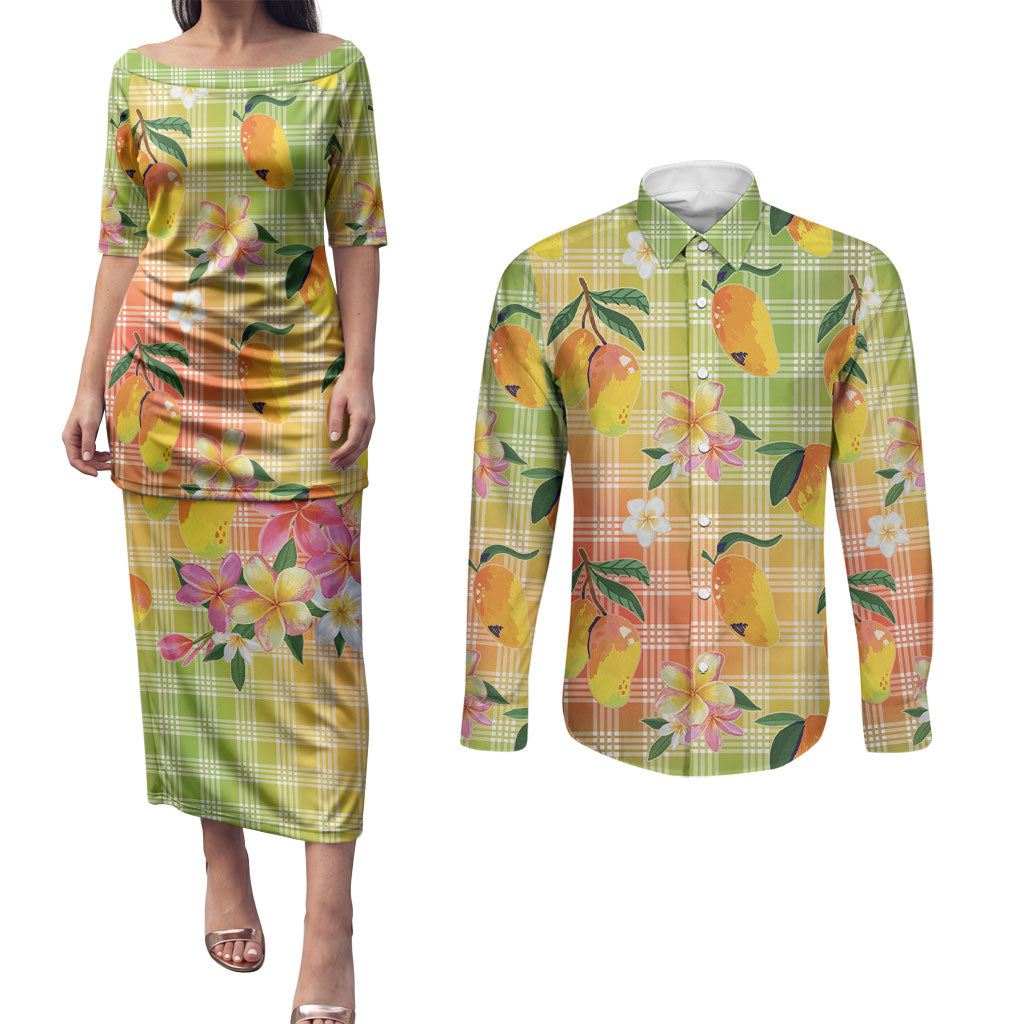 Aloha Hawaii Palaka Print Mango Plumeria Couples Matching Puletasi and Long Sleeve Button Shirt Tropical Vibes LT7 Multicolor - Polynesian Pride