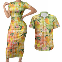 Aloha Hawaii Palaka Print Mango Plumeria Couples Matching Short Sleeve Bodycon Dress and Hawaiian Shirt Tropical Vibes LT7 Multicolor - Polynesian Pride