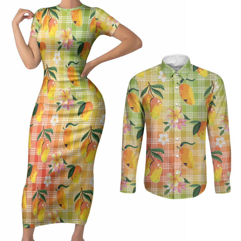 Aloha Hawaii Palaka Print Mango Plumeria Couples Matching Short Sleeve Bodycon Dress and Long Sleeve Button Shirt Tropical Vibes LT7 Multicolor - Polynesian Pride