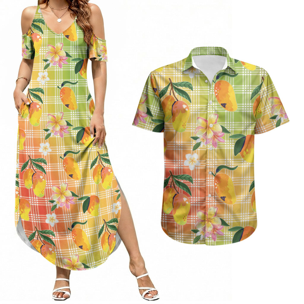 Aloha Hawaii Palaka Print Mango Plumeria Couples Matching Summer Maxi Dress and Hawaiian Shirt Tropical Vibes LT7 Multicolor - Polynesian Pride