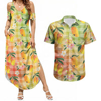 Aloha Hawaii Palaka Print Mango Plumeria Couples Matching Summer Maxi Dress and Hawaiian Shirt Tropical Vibes LT7 Multicolor - Polynesian Pride
