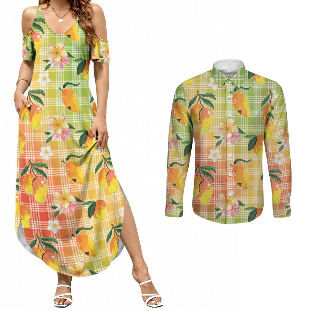 Aloha Hawaii Palaka Print Mango Plumeria Couples Matching Summer Maxi Dress and Long Sleeve Button Shirt Tropical Vibes LT7 Multicolor - Polynesian Pride