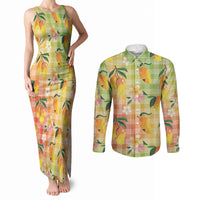 Aloha Hawaii Palaka Print Mango Plumeria Couples Matching Tank Maxi Dress and Long Sleeve Button Shirt Tropical Vibes LT7 Multicolor - Polynesian Pride