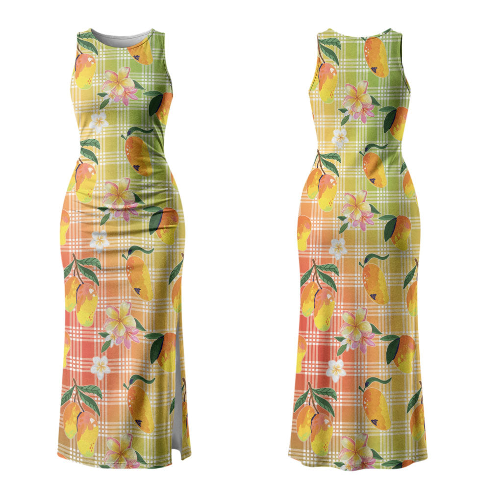 Aloha Hawaii Palaka Print Mango Plumeria Couples Matching Tank Maxi Dress and Long Sleeve Button Shirt Tropical Vibes LT7 - Polynesian Pride