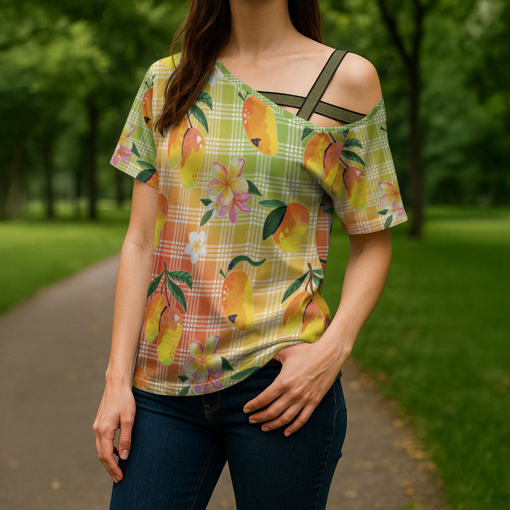 Aloha Hawaii Palaka Print Mango Plumeria Cross Shoulder Shirt Tropical Vibes LT7 - Polynesian Pride