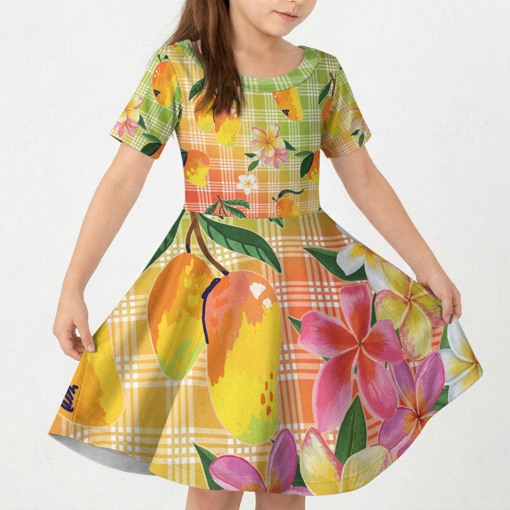 Aloha Hawaii Palaka Print Mango Plumeria Kid Short Sleeve Dress Tropical Vibes LT7 KID Multicolor - Polynesian Pride