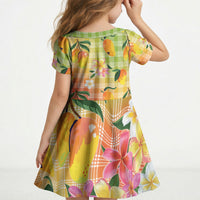 Aloha Hawaii Palaka Print Mango Plumeria Kid Short Sleeve Dress Tropical Vibes LT7 - Polynesian Pride