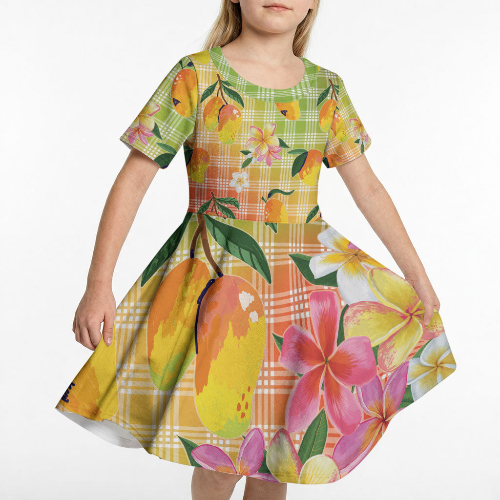 Aloha Hawaii Palaka Print Mango Plumeria Kid Short Sleeve Dress Tropical Vibes LT7 - Polynesian Pride