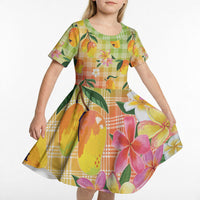 Aloha Hawaii Palaka Print Mango Plumeria Kid Short Sleeve Dress Tropical Vibes LT7 - Polynesian Pride
