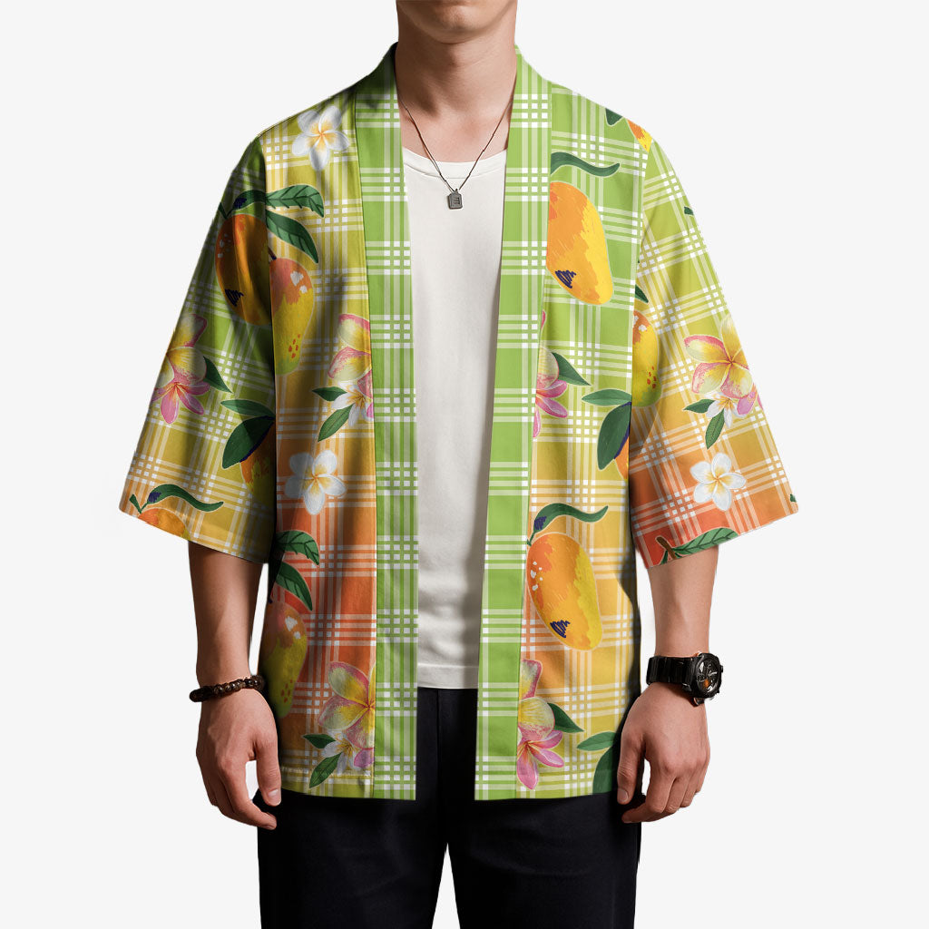 Aloha Hawaii Palaka Print Mango Plumeria Kimono Tropical Vibes LT7 - Polynesian Pride