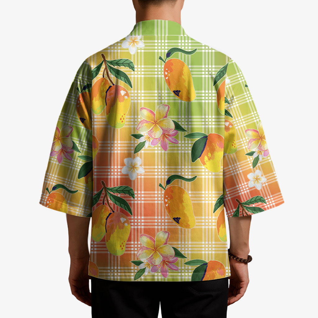 Aloha Hawaii Palaka Print Mango Plumeria Kimono Tropical Vibes LT7 - Polynesian Pride