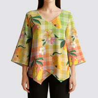 Aloha Hawaii Palaka Print Mango Plumeria Kimono Sleeve Blouse Tropical Vibes LT7 - Polynesian Pride