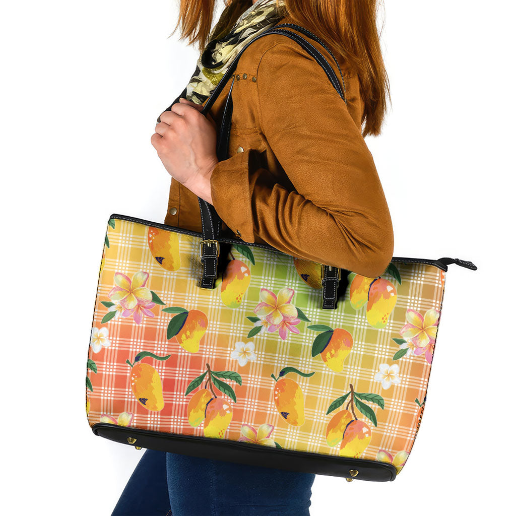 Aloha Hawaii Palaka Print Mango Plumeria Leather Tote Bag Tropical Vibes LT7 Multicolor - Polynesian Pride