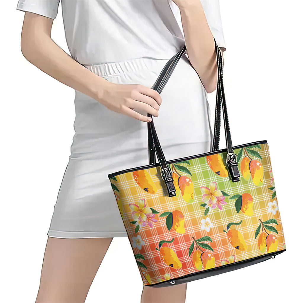 Aloha Hawaii Palaka Print Mango Plumeria Leather Tote Bag Tropical Vibes LT7 - Polynesian Pride