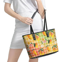 Aloha Hawaii Palaka Print Mango Plumeria Leather Tote Bag Tropical Vibes LT7 - Polynesian Pride
