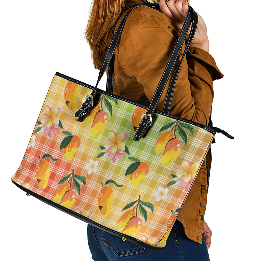 Aloha Hawaii Palaka Print Mango Plumeria Leather Tote Bag Tropical Vibes LT7 - Polynesian Pride